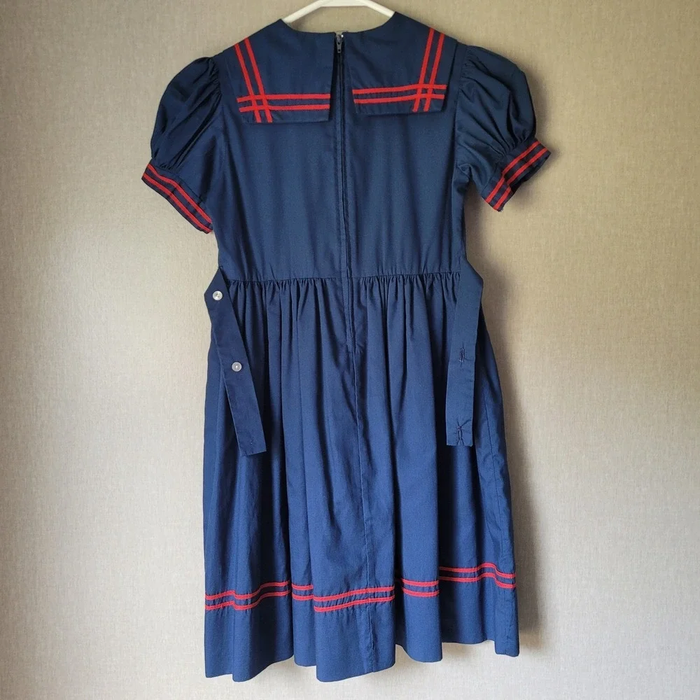 Vintage Jayne Copeland Girls Size 8 Navy Blue Sailor Dress Red Trim Made in USA